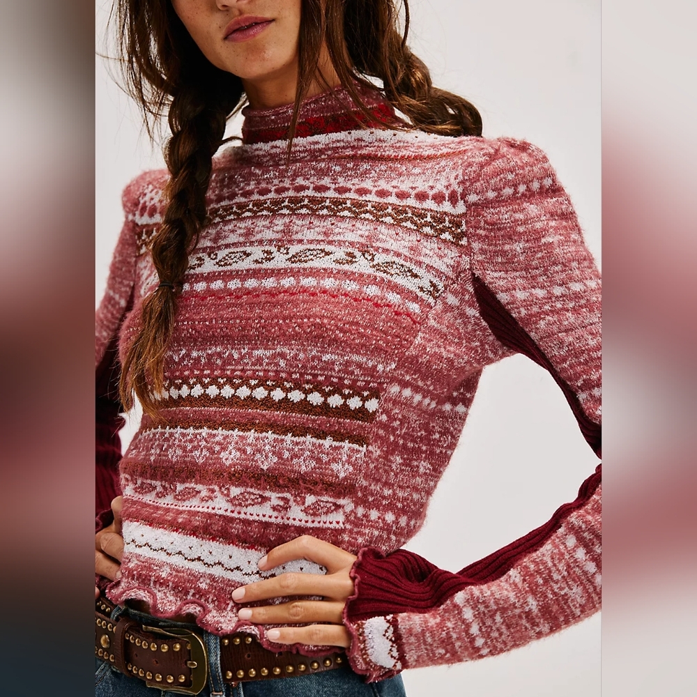 Free People Red and White Patterned Sweater - Picture 4 of 4